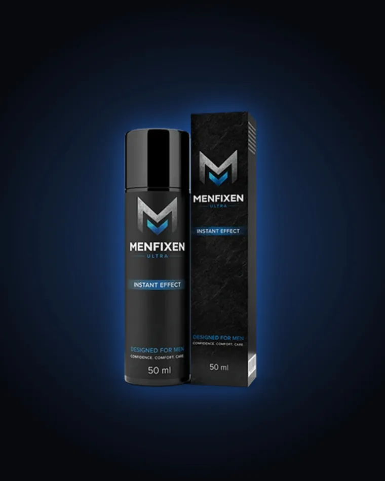 Menfixen Ultra flakon és doboz sötét háttér előtt, kék fényben